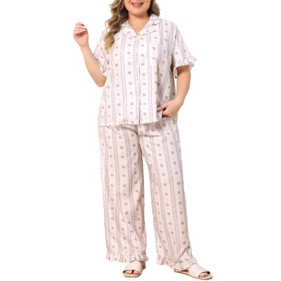 Agnes Orinda Women's Plus Size Floral Pajama Set Ruffle Short Sleeve Notch Lapel Button Sleepwear Tops and Pants Cute Home 2 Piece Sets 2X Beige