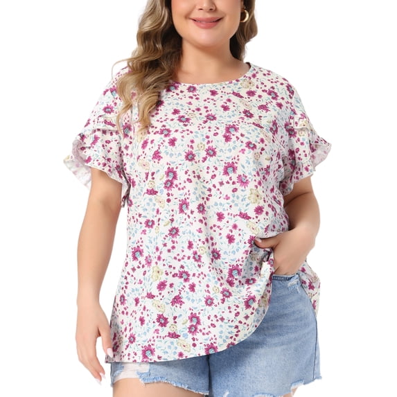 Agnes Orinda Women's Plus Size Floral Print Blouse Bohe Crew Neck Tulip Sleeves Summer Casual Tops 1X Apricot
