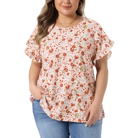 Agnes Orinda Women's Plus Size Floral Print Blouse Bohe Crew Neck Tulip Sleeves Summer Casual Tops 2X Pink