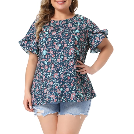 Agnes Orinda Women's Plus Size Floral Print Blouse Bohe Crew Neck Tulip Sleeves Summer Casual Tops 4X Navy Blue