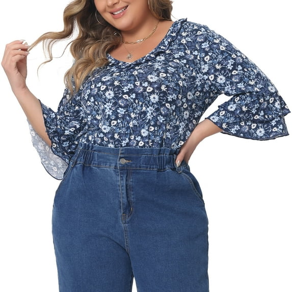 Agnes Orinda Women's Plus Size Floral Print V Neck Tiered Ruffle Bell Sleeve Blouse 1X Navy Blue