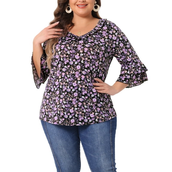 Agnes Orinda Women's Plus Size Floral Print V Neck Tiered Ruffle Bell Sleeve Blouse 2X Purple