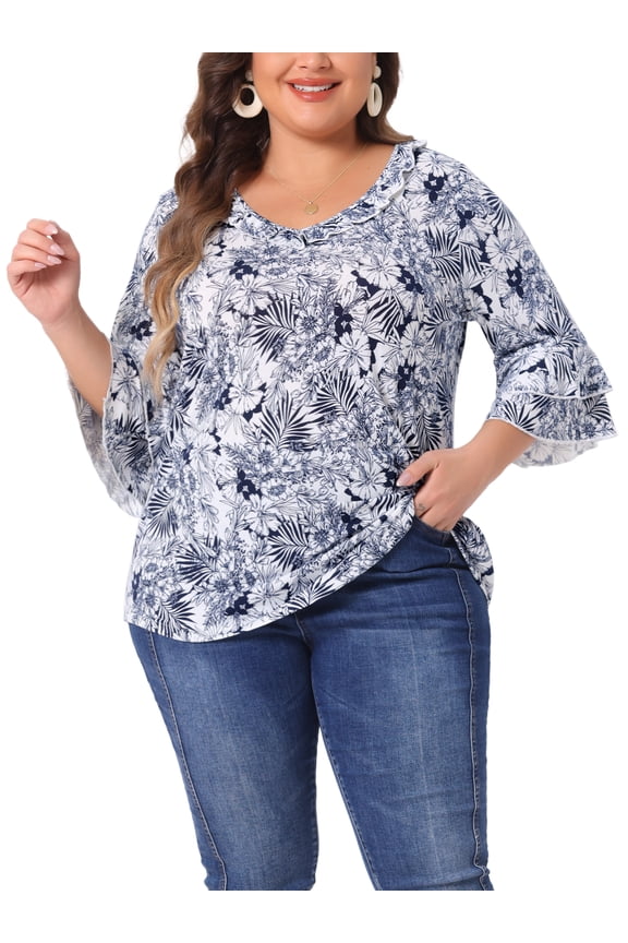 Women's Plus Size Floral Print V Neck Tiered Ruffle Bell Sleeve Blouse 3X White Blue