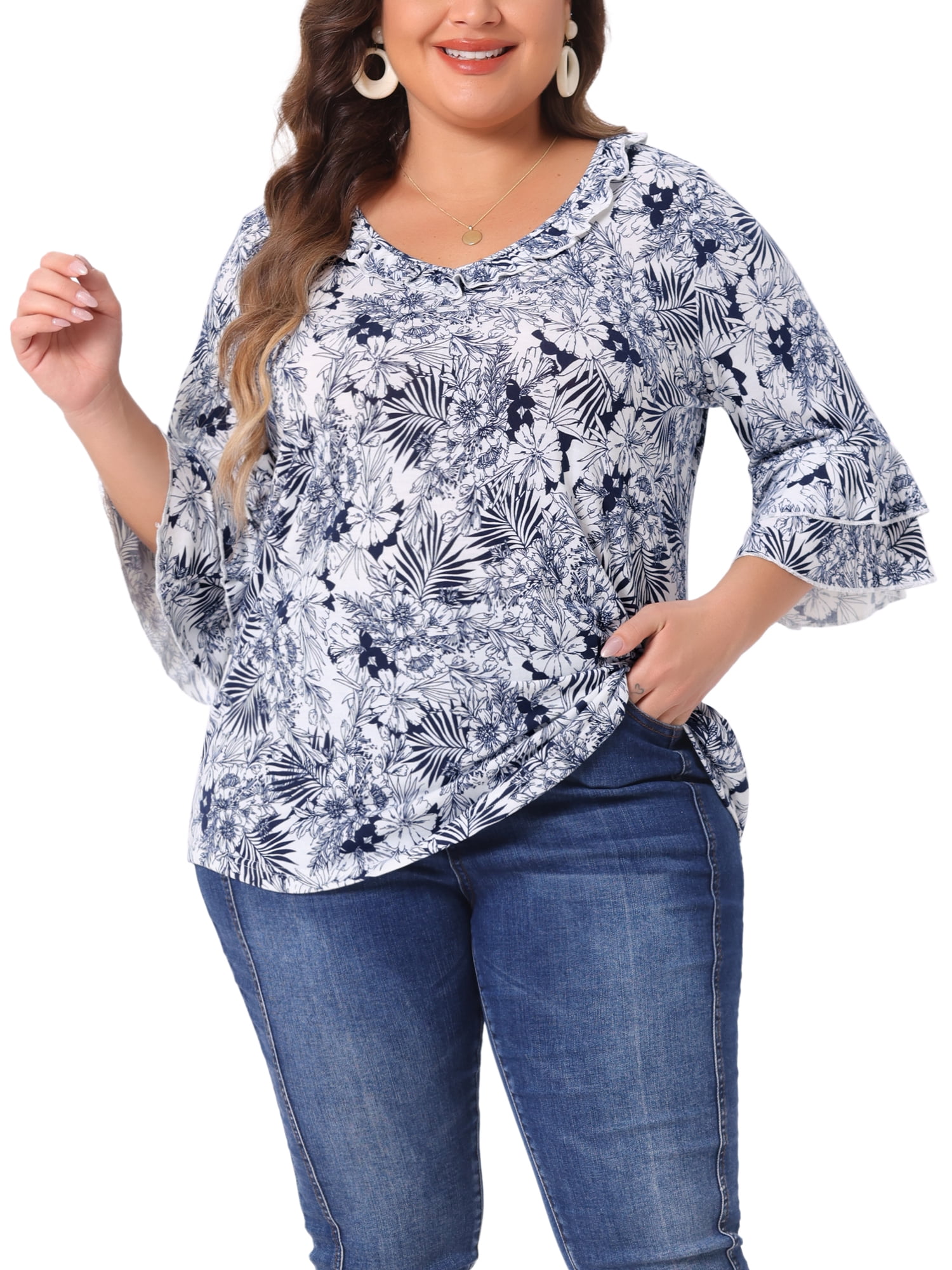 Agnes Orinda Women's Plus Size Floral Print V Neck Tiered Ruffle Bell ...