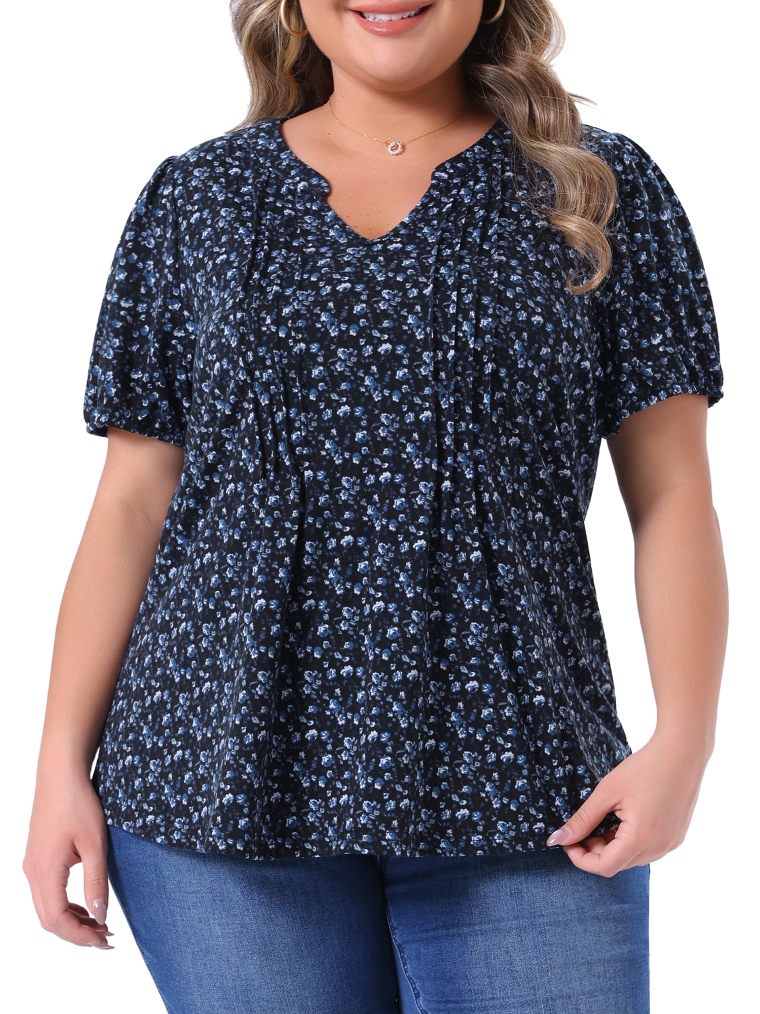 Agnes Orinda Women's Plus Size Floral Printed Tops Notched V Neck Short ...