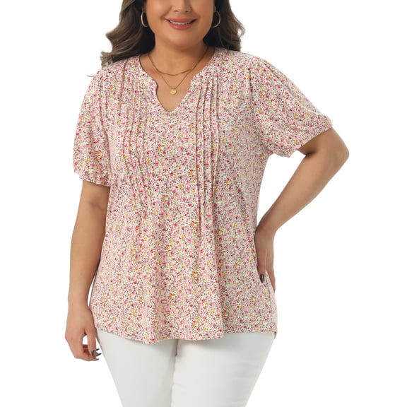 Agnes Orinda Women's Plus Size Floral Printed Tops Notched V Neck Short Sleeves Casual Summer Blouses 2X Pink