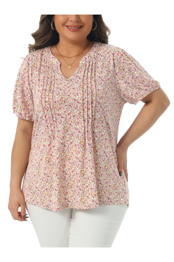 Women's Plus Size Floral Printed Tops Notched V Neck Short Sleeves Casual Summer Blouses 2X Pink