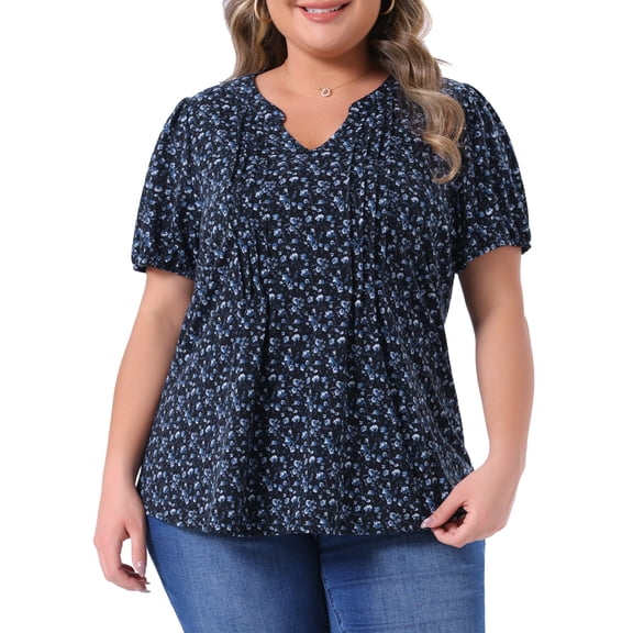 Agnes Orinda Women's Plus Size Floral Printed Tops Notched V Neck Short Sleeves Casual Summer Blouses 3X Blue