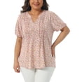 thumbnail image 1 of Agnes Orinda Women's Plus Size Floral Printed Tops Notched V Neck Short Sleeves Casual Summer Blouses 3X Pink, 1 of 6