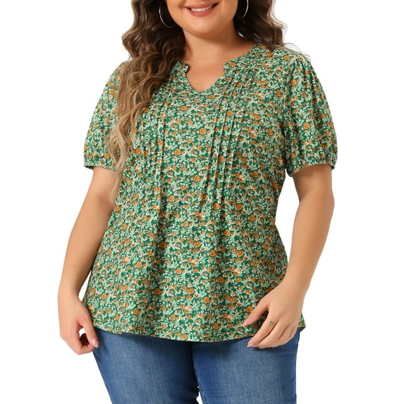 Agnes Orinda Women's Plus Size Floral Printed Tops Notched V Neck Short Sleeves Casual Summer Blouses L Green