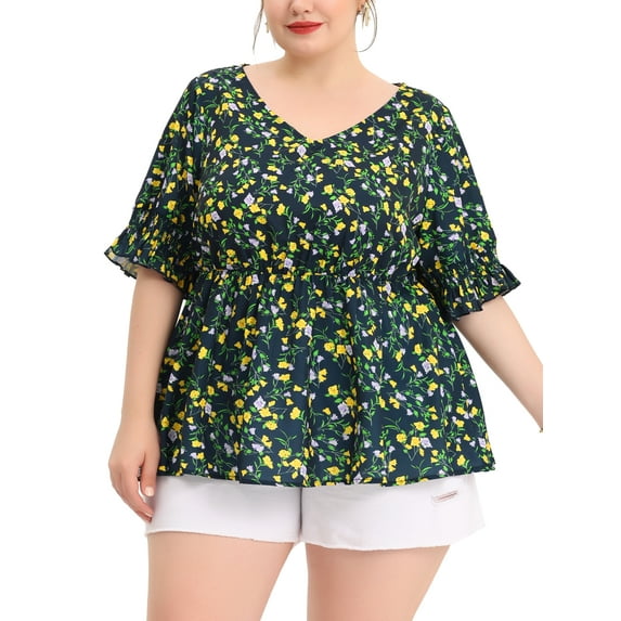 Agnes Orinda Women's Plus Size Floral Ruffle Smock Sleeve V Neck Peplum Blouse 4X Navy Blue