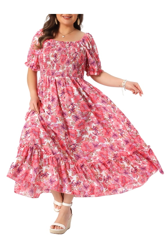 Women's Plus Size St. Patrick's Day Short Sleeves Square Neck Smocked Boho Floral Maxi Dresses 1X Hot Pink