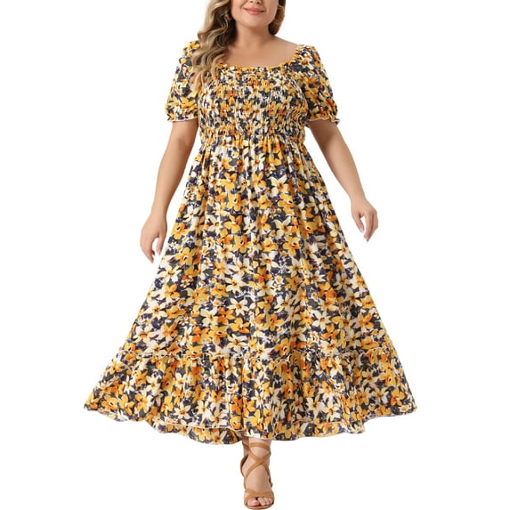 GRACE & GRANDEUR Women's Plus Size Short Sleeves Square Neck Smocked Boho Floral Maxi Dresses 1X Yellow