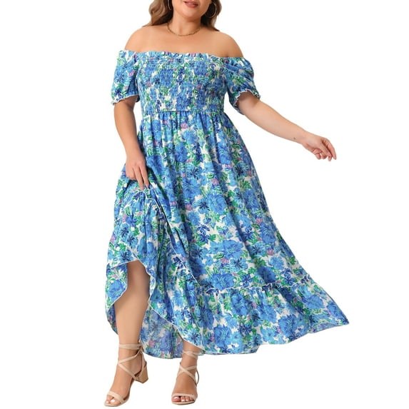 GRACE & GRANDEUR Women's Plus Size Short Sleeves Square Neck Smocked Boho Floral Maxi Dresses 2X Blue