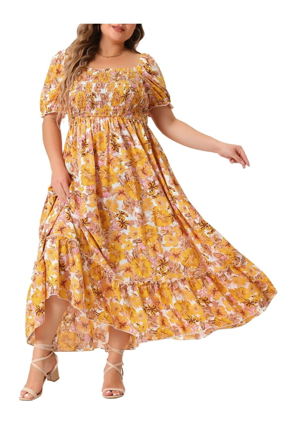 Women's Plus Size St. Patrick's Day Short Sleeves Square Neck Smocked Boho Floral Maxi Dresses 3X Dark Yellow