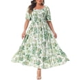 thumbnail image 1 of GRACE & GRANDEUR Women's Plus Size Short Sleeves Square Neck Smocked Boho Floral Maxi Dresses 3X Green, 1 of 8