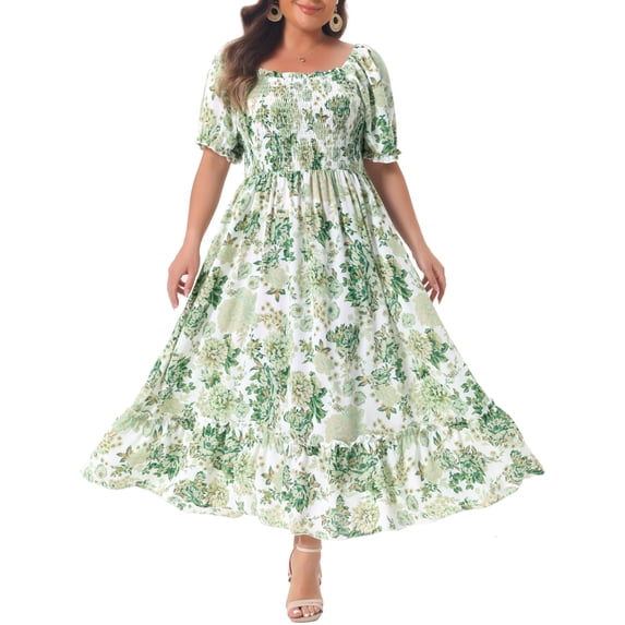 GRACE & GRANDEUR Women's Plus Size Short Sleeves Square Neck Smocked Boho Floral Maxi Dresses 3X Green