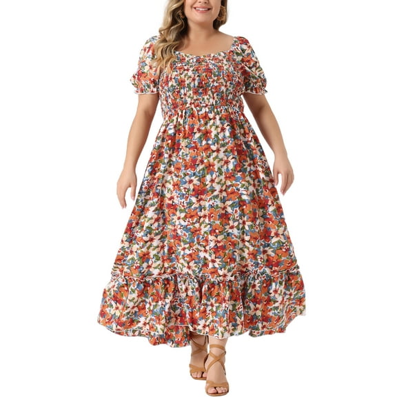 GRACE & GRANDEUR Women's Plus Size Short Sleeves Square Neck Smocked Boho Floral Maxi Dresses 3X Red