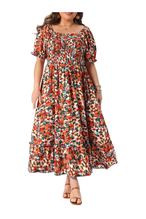 Women's Plus Size Short Sleeves Square Neck Smocked Boho Floral Maxi Dresses 3X Red