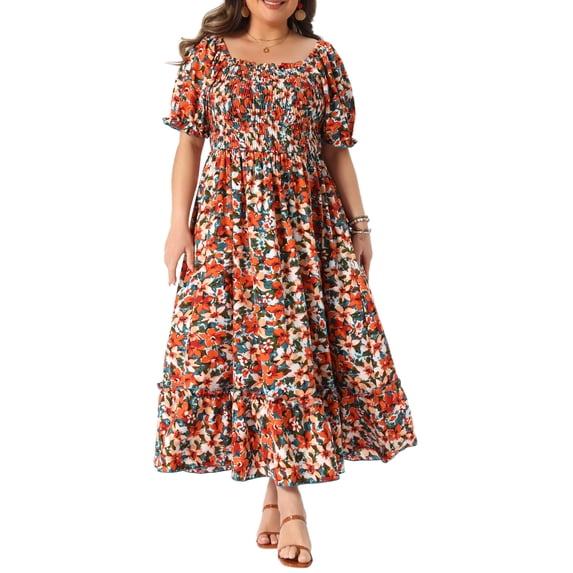 GRACE & GRANDEUR Women's Plus Size Short Sleeves Square Neck Smocked Boho Floral Maxi Dresses 3X Red