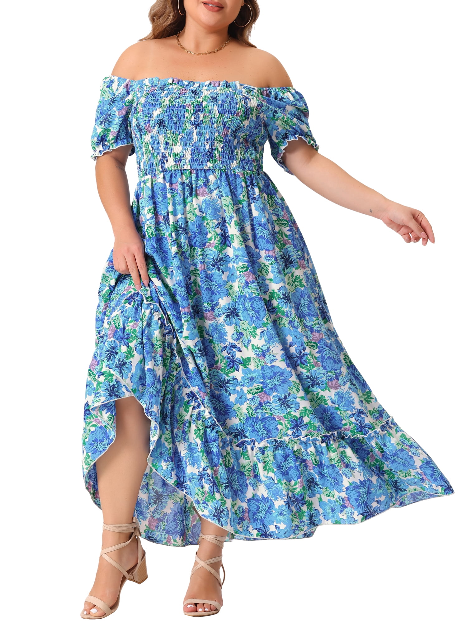 Blue Geometric Print Ruffled Short Sleeve Plus Size Tiered Maxi Dress main image 0