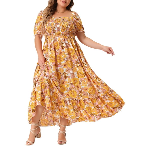 GRACE & GRANDEUR Women's Plus Size Short Sleeves Square Neck Smocked Boho Floral Maxi Dresses 4X Dark Yellow