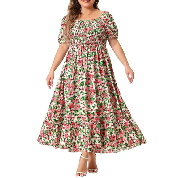 GRACE & GRANDEUR Women's Plus Size Short Sleeves Square Neck Smocked Boho Floral Maxi Dresses 4X Pink Green