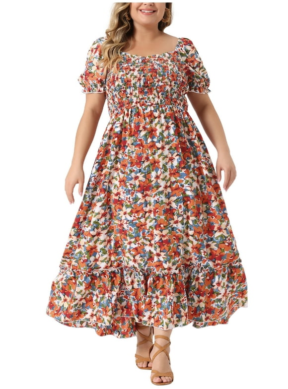 Women's Plus Size Short Sleeves Square Neck Smocked Boho Floral Maxi Dresses 4X Red