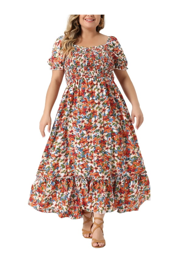 Women's Plus Size Short Sleeves Square Neck Smocked Boho Floral Maxi Dresses 4X Red