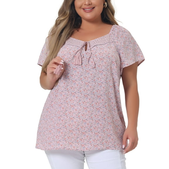 Agnes Orinda Women's Plus Size Floral Print Tops Hollow Out Tie Neck Short Sleeve Casual Summer Blouses 2X Light Purple