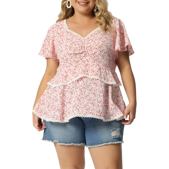 Agnes Orinda Women's Plus Size Floral Sweetheart Neck Lace Short Ruffle Sleeve Summer Blouses 2X Pink