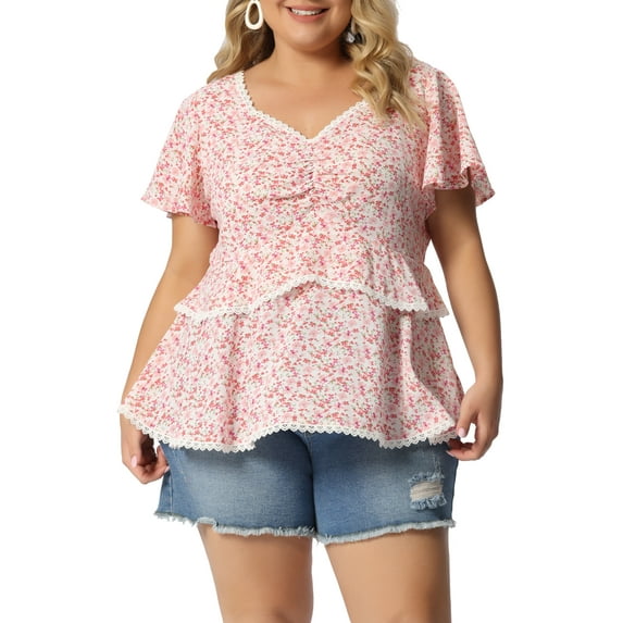 Agnes Orinda Women's Plus Size Floral Sweetheart Neck Lace Short Ruffle Sleeve Summer Blouses 2X Pink