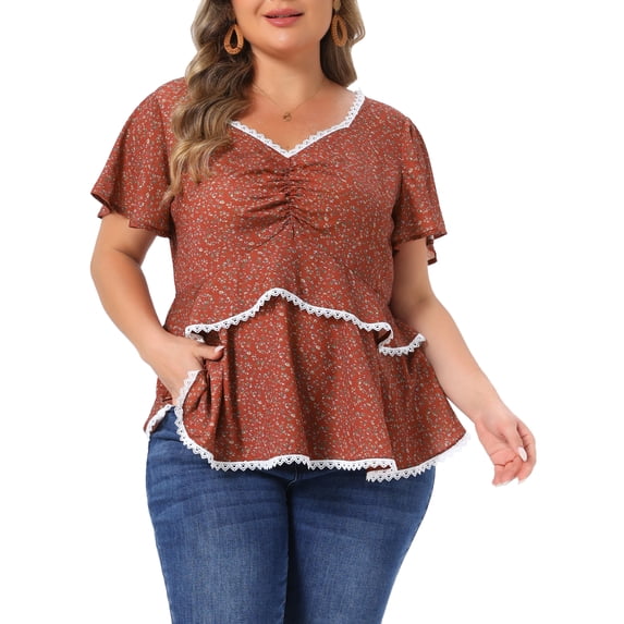 Agnes Orinda Women's Plus Size Floral Sweetheart Neck Lace Short Ruffle Sleeve Summer Blouses 3X Red