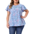 thumbnail image 1 of Agnes Orinda Women's Plus Size Floral Top Front Lace Hollow Crew Neck Short Sleeve Blouse Summer Casual Shirt 3X Blue, 1 of 6