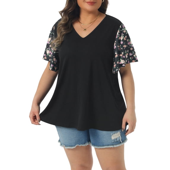 Agnes Orinda Women's Plus Size Floral Top Summer V Neck Flutter Short Sleeve Casual Blouses Tee 2025 2X Black