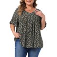 thumbnail image 1 of Agnes Orinda Women's Plus Size Floral Tops Pleated V Neck Flared Sleeve Casual Summer Blouses 4X Black, 1 of 6