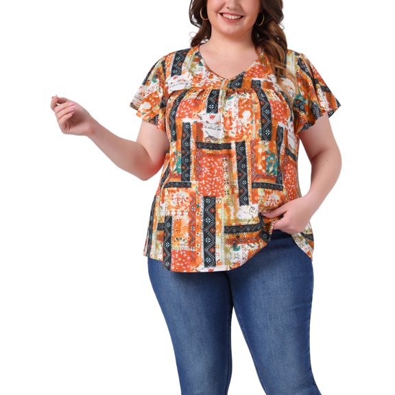 Agnes Orinda Women's Plus Size Floral Tops Ruffle Pleated V Neck Short Sleeve Summer Casual Blouse 1X Orange