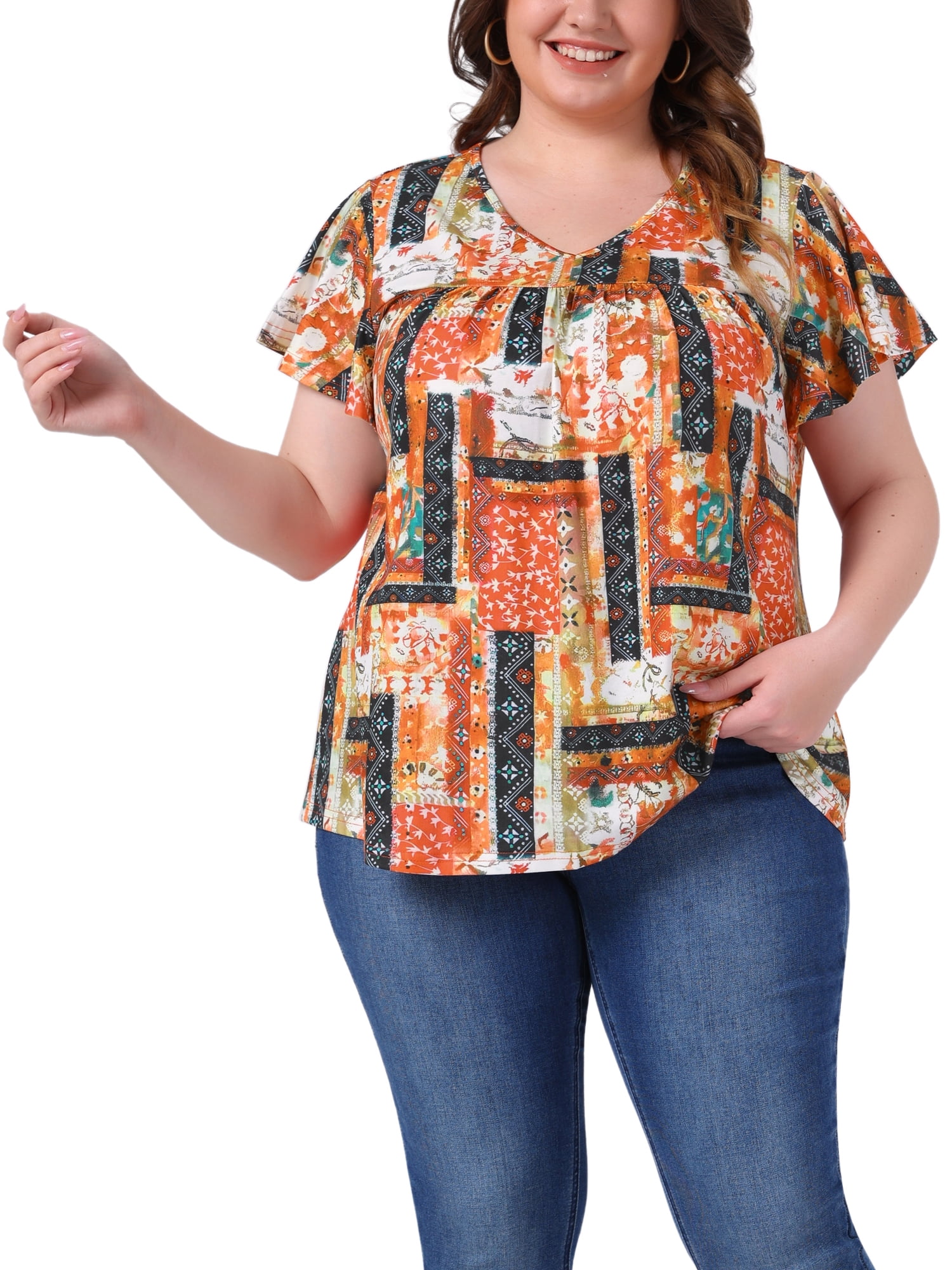 Agnes Orinda Women's Plus Size Floral Tops Ruffle Pleated V Neck Short ...