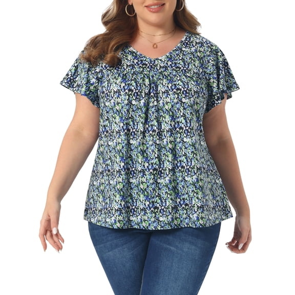 Agnes Orinda Women's Plus Size Floral Tops Ruffle Pleated V Neck Short Sleeve Summer Casual Blouse 4X Navy Blue