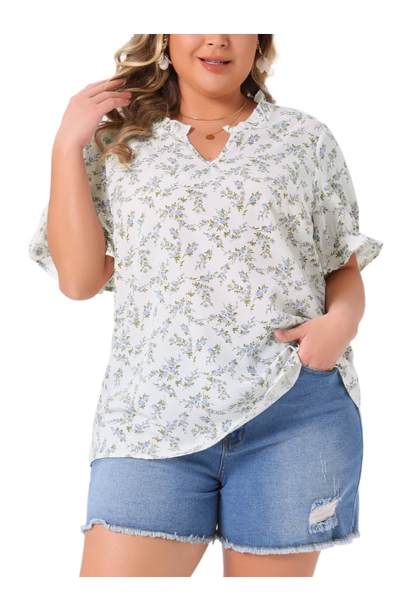 Women's Plus Size Floral Tops Ruffled V Neck Puff Short Sleeves Summer Casual Blouse 3X White