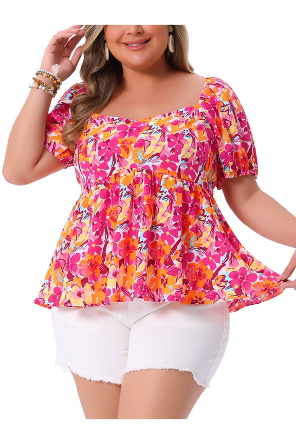 Women's Plus Size Floral Tops Sweatheart Neck Short Sleeve Ruffle Hem Back Smocked Casual Summer Babydoll Blouses 1X Orange Pink