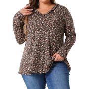 AGNES ORINDA Women's Plus Size Floral Tops V Neck Long Sleeve T Shirt Ruffle Tunic Blouses 1X Brown Orange
