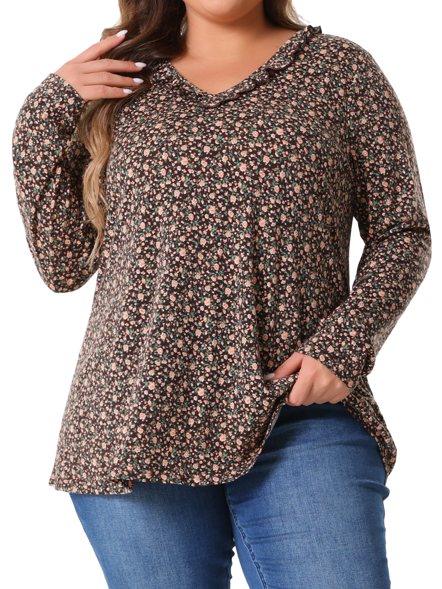 Agnes Orinda Women's Plus Size Floral Tops V Neck Long Sleeve T Shirt ...