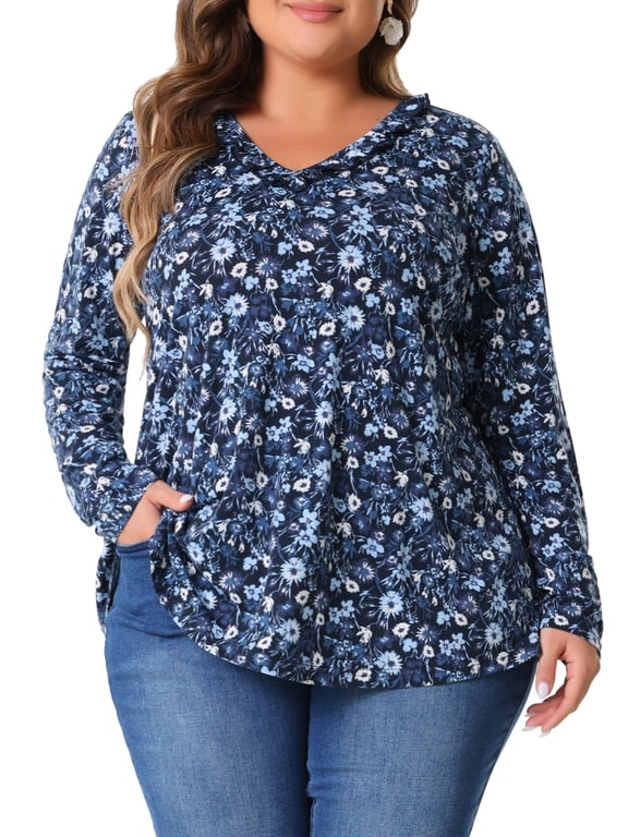 Women's Plus Size Halloween Outfits Floral Tops V Neck Long Sleeve T Shirt Ruffle Tunic Blouses 2X Navy Blue
