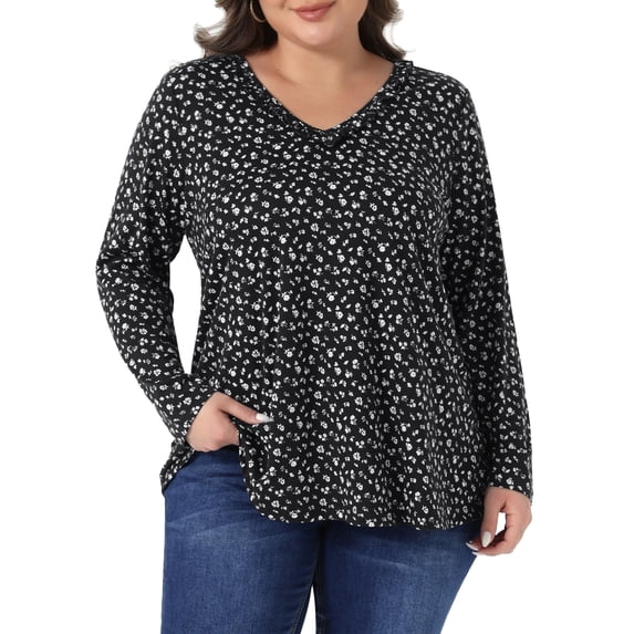 Agnes Orinda Women's Plus Size Halloween Outfits Floral Tops V Neck Long Sleeve T Shirt Ruffle Tunic Blouses 3X Black White