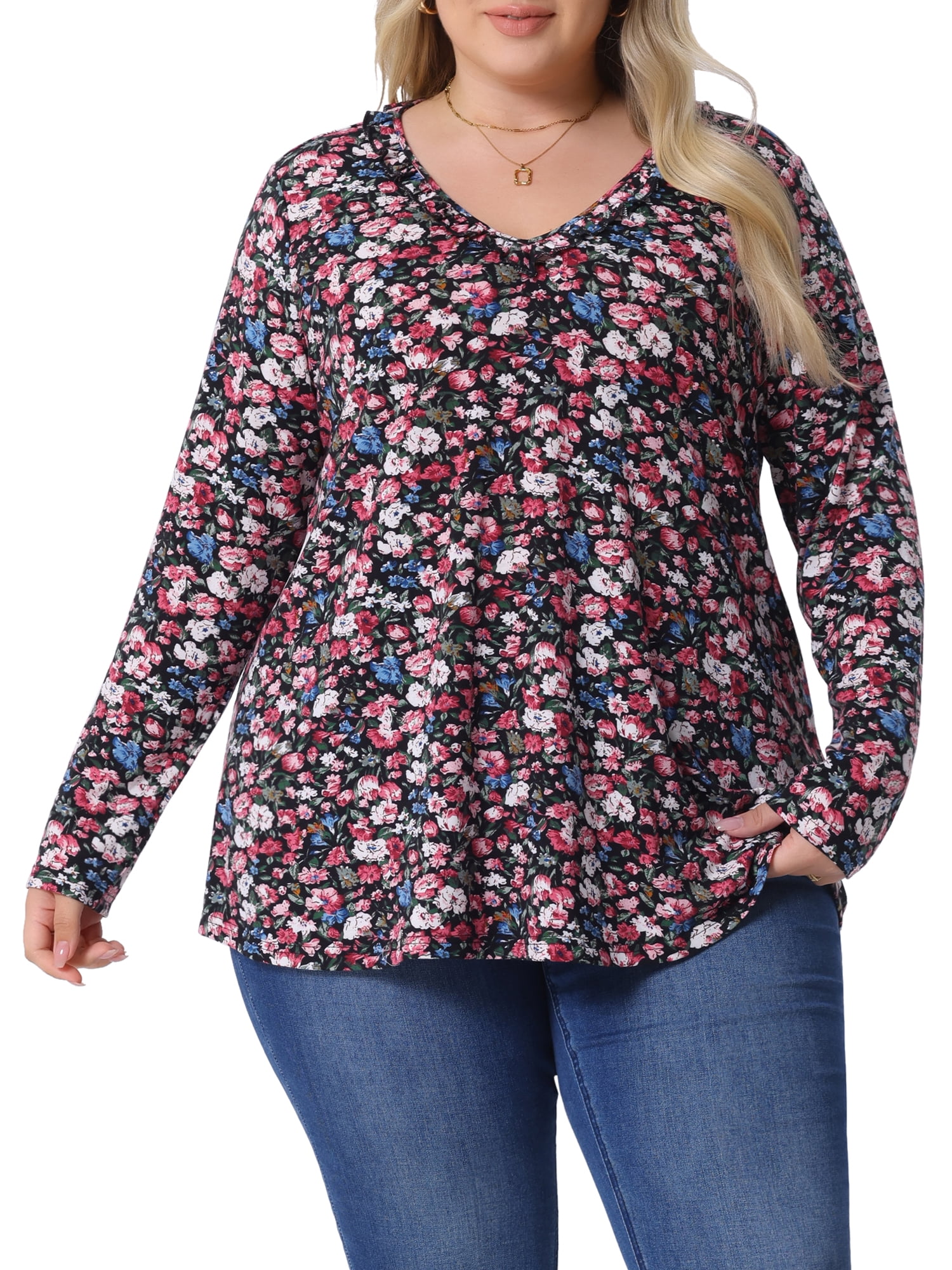 Agnes Orinda Women's Plus Size Floral Tops V Neck Long Sleeve T Shirt ...