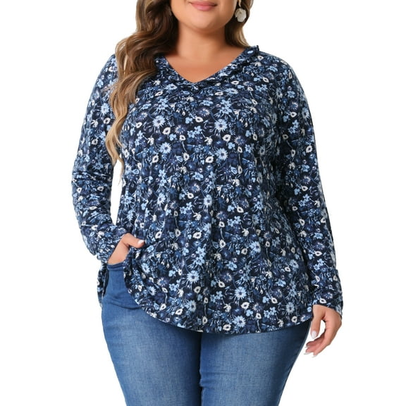 Agnes Orinda Women's Plus Size Floral Tops V Neck Long Sleeve T Shirt Ruffle Tunic Blouses 4X Navy Blue