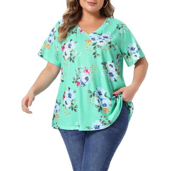 Agnes Orinda Women's Plus Size Floral Tops V Neck Short Sleeve Summer Casual Tunics Blouse 4X Mint Green