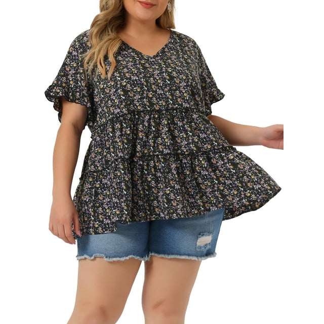 Agnes Orinda Womens Plus Size Floral V Neck Ruffle Sleeve Tiered