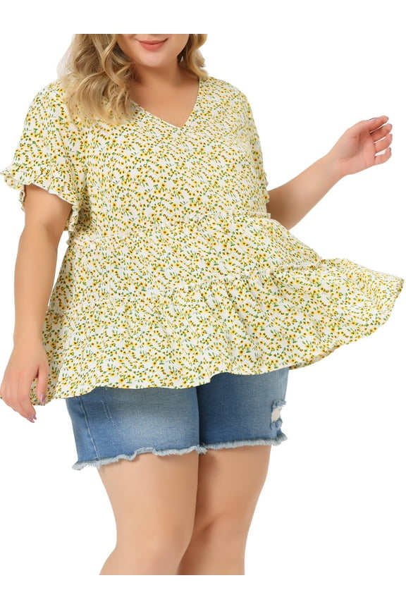 Women's Plus Size Top Boho Floral V Neck Ruffle Sleeves Tiered Babydoll Blouses 1X Beige